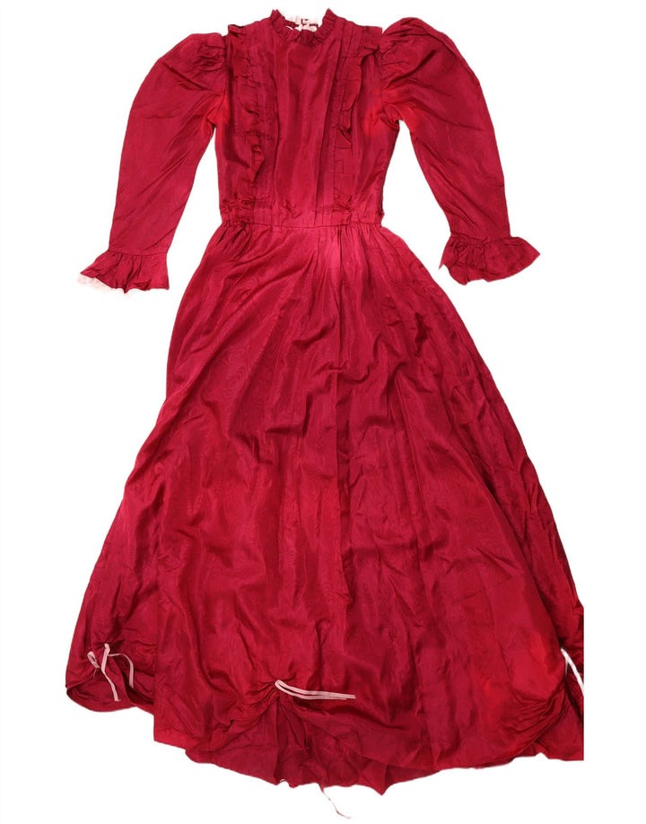 VINTAGE Damen Prinzessinnenkleid mit Rüschen vorne UK 10 Klein Burgunderrot