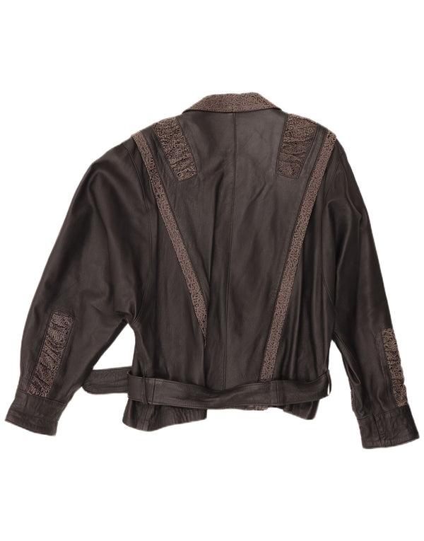 VINTAGE Damen Lederjacke IT 48 XL Schwarzes geometrisches Leder