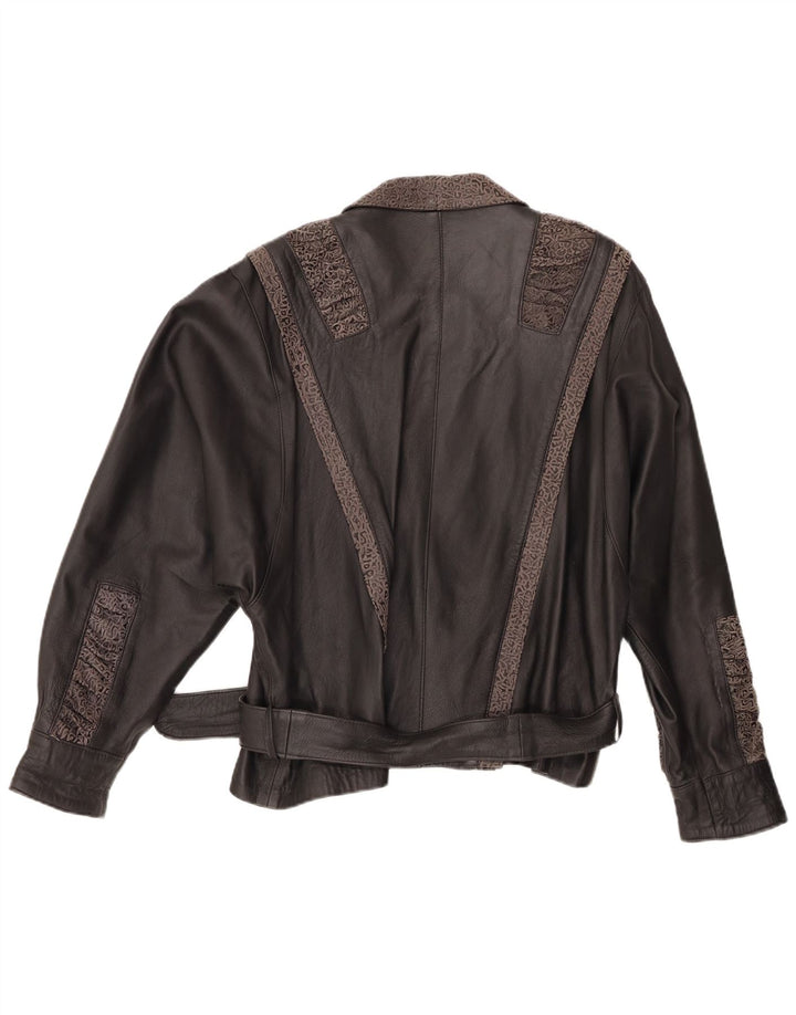 VINTAGE Damen Lederjacke IT 48 XL Schwarzes geometrisches Leder