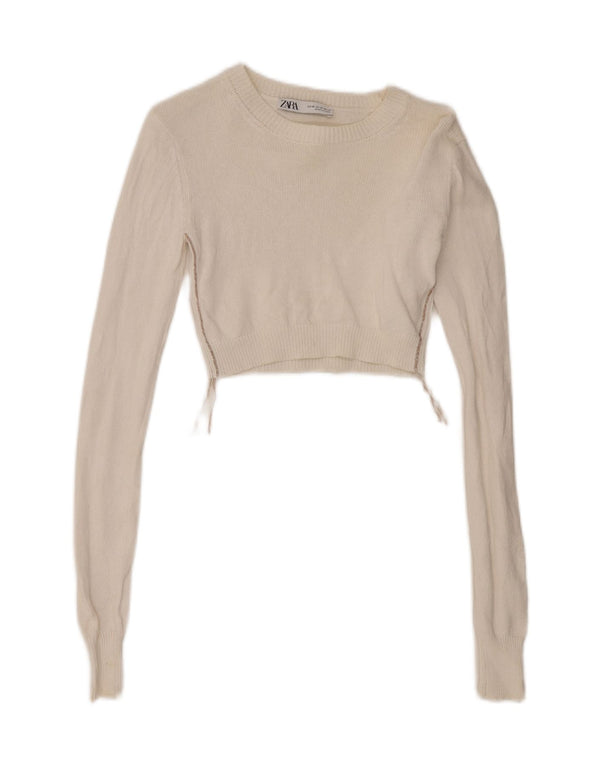 Zara Damen Crop Top Langarm UK 6 XS Weiß