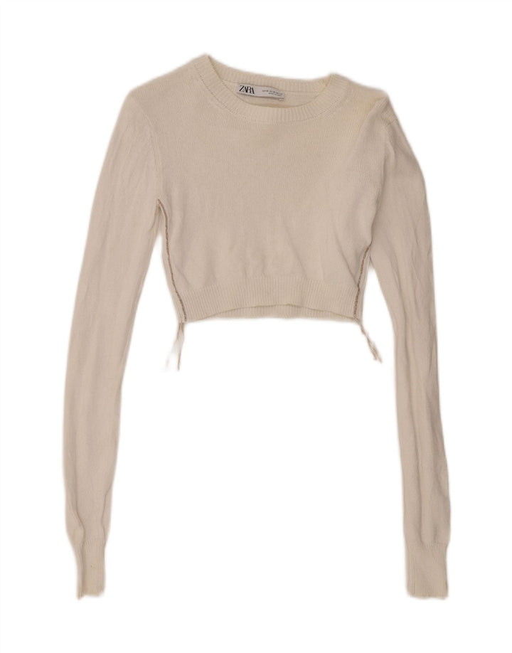 Zara Damen Crop Top Langarm UK 6 XS Weiß
