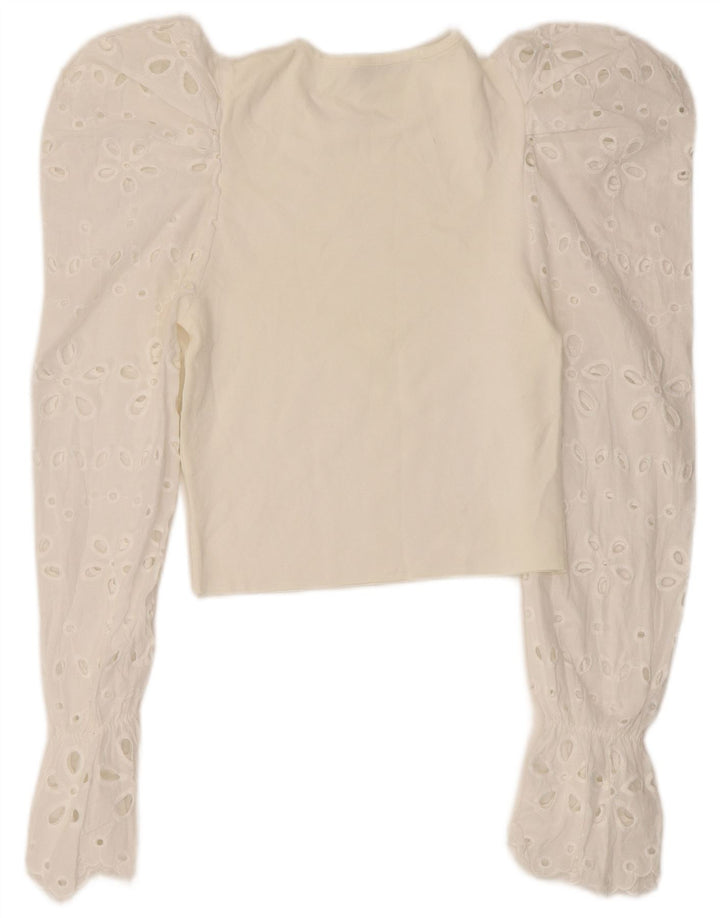Zara Damen Crop Top Langarm UK 8 Small Weiß geblümt