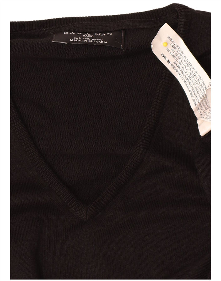 Zara Herren-Pullover mit V-Ausschnitt, groß, aus schwarzer Baumwolle