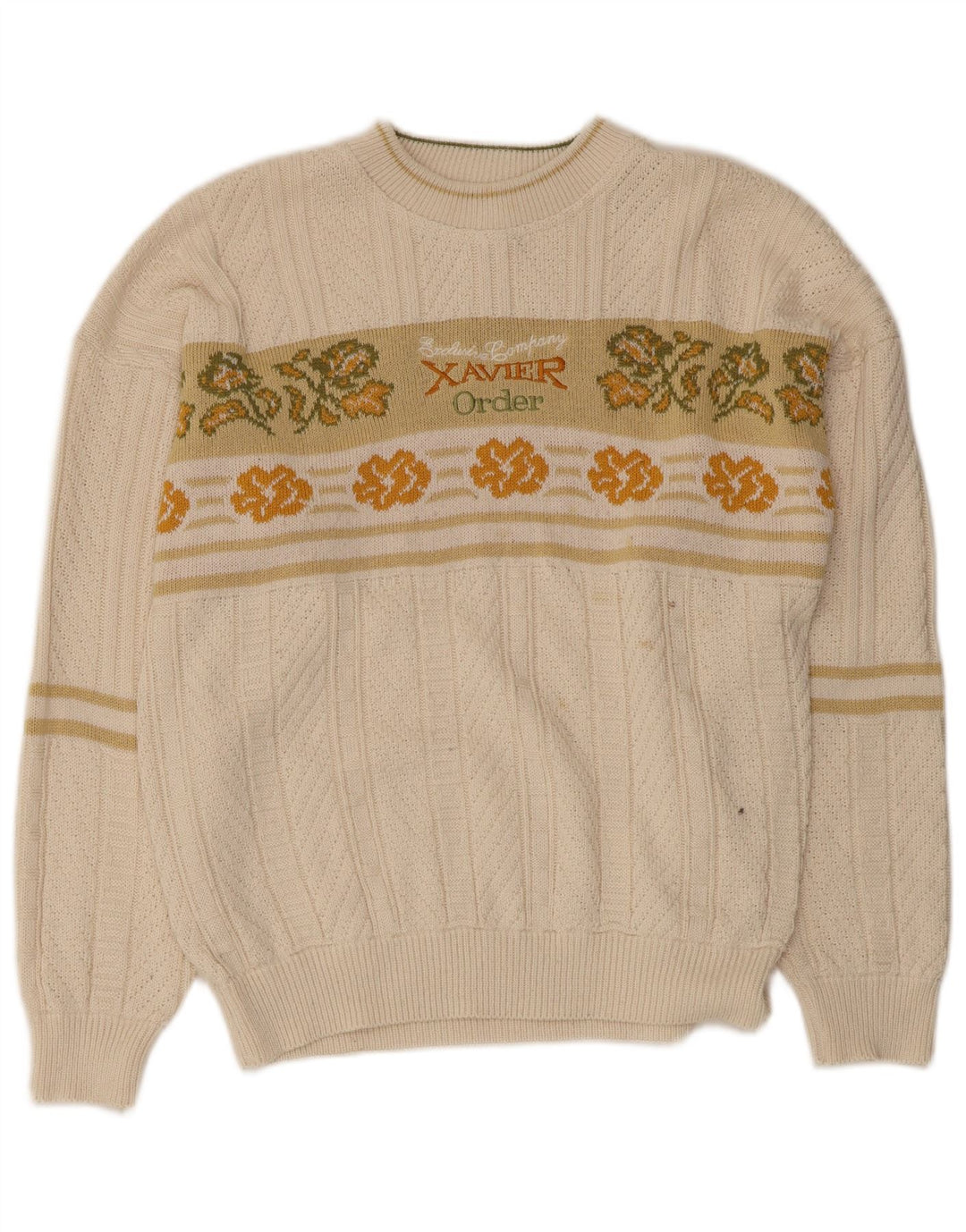 VINTAGE Herren Pullover mit grafischem U-Boot-Ausschnitt, mittelweiß, geblümt