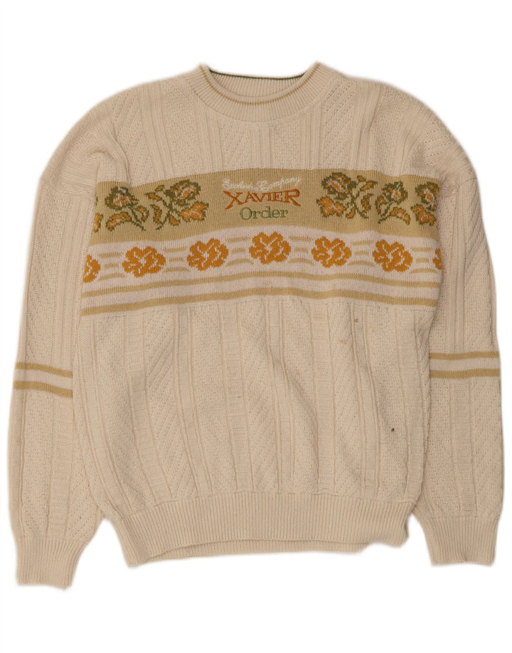 VINTAGE Herren Pullover mit grafischem U-Boot-Ausschnitt, mittelweiß, geblümt