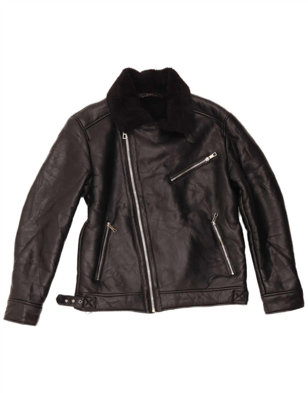 Zara Damen Sherpa Bikerjacke UK 14 Medium Schwarz Polyester