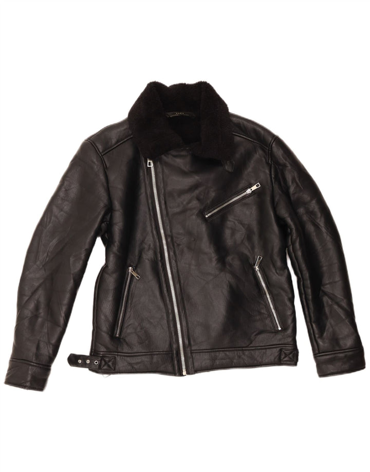 Zara Damen Sherpa Bikerjacke UK 14 Medium Schwarz Polyester