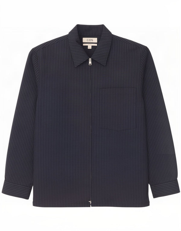 Cos Entspannte Herren-Bomberjacke UK 38, mittelblaue Wolle mit Karomuster in Marineblau