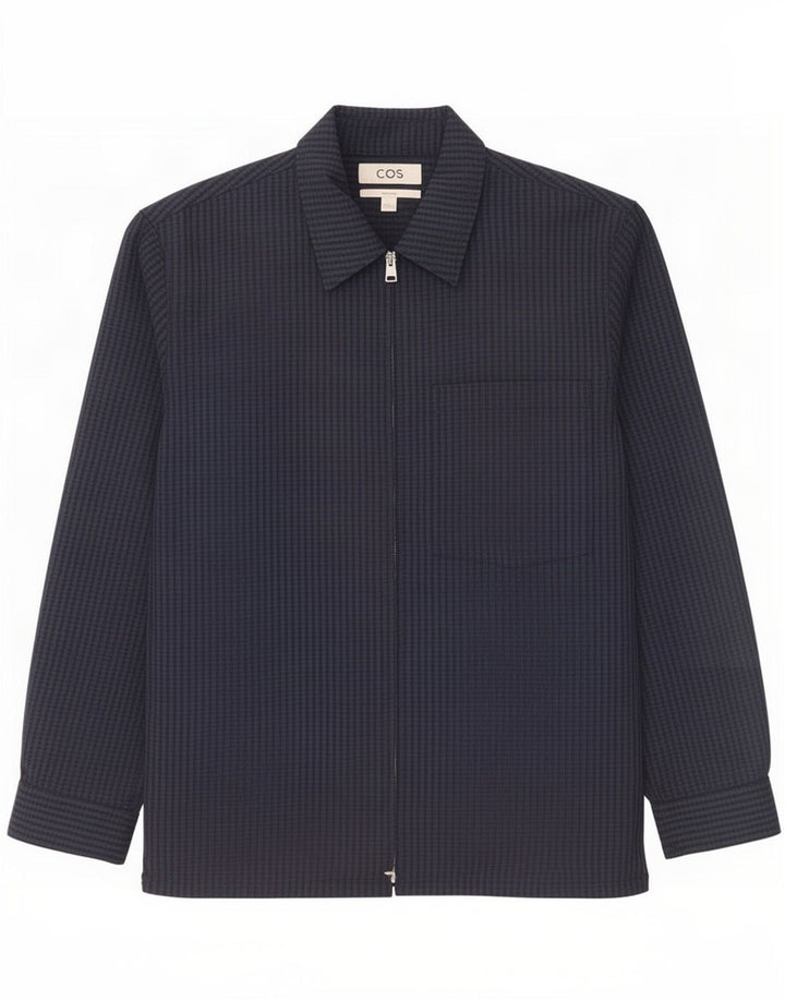 Cos Entspannte Herren-Bomberjacke UK 38, mittelblaue Wolle mit Karomuster in Marineblau