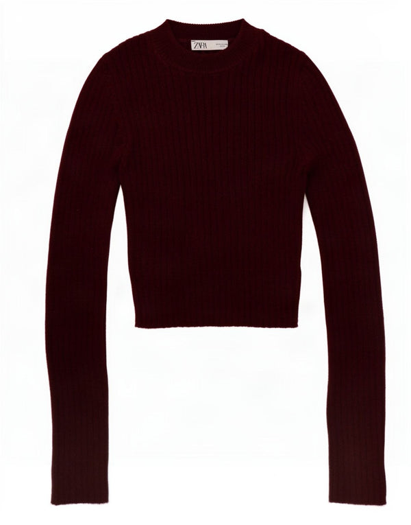 Zara Damen Crop Turtle Neck Pullover Pullover UK 12 Medium Burgund Baumwolle