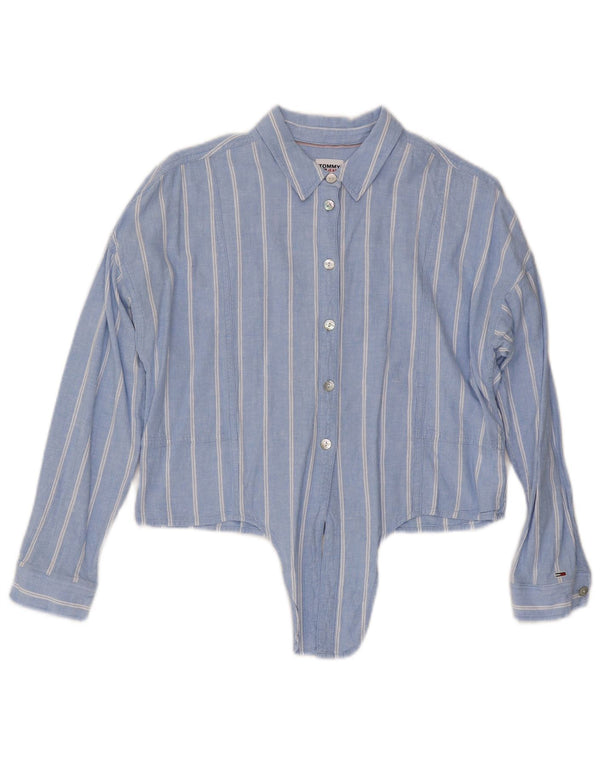 Tommy Hilfiger Damen Crop Front Tie Shirt UK 14 Mittelblau gestreiftes Leinen