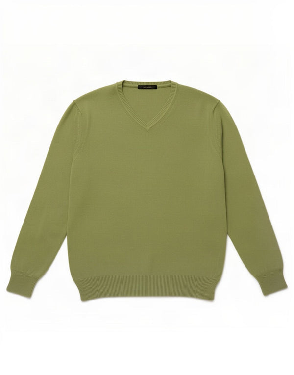 Zara Mens V-Neck Jumper Sweater Large Green Cotton