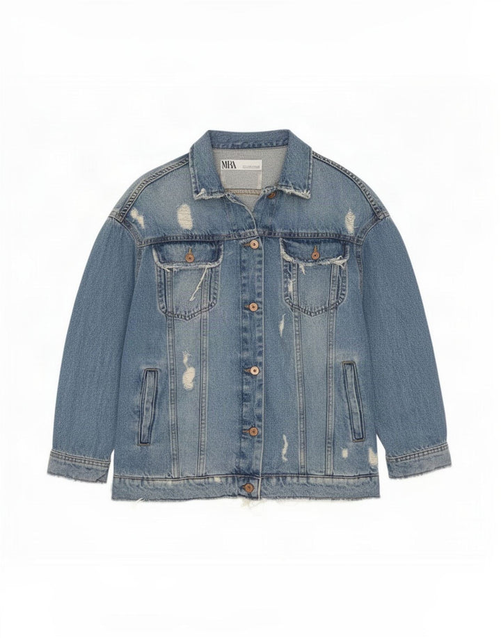 Zara Damen Jeansjacke im Distressed-Look, übergroß, UK 10, Größe S, Blau, Baumwolle