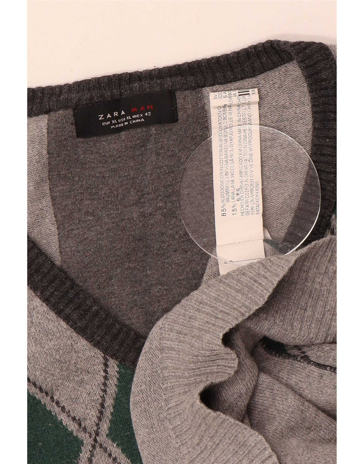 Zara Herren-Pullover mit V-Ausschnitt, XL, Grau Argyle/Diamant