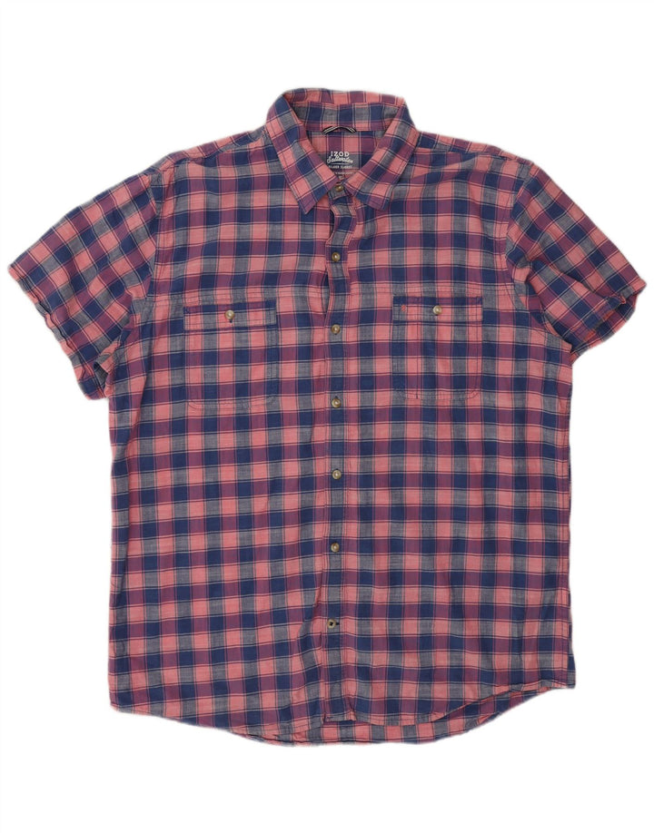 Izod Herren Salt Water Kurzarmhemd XL Marineblau kariert Baumwolle