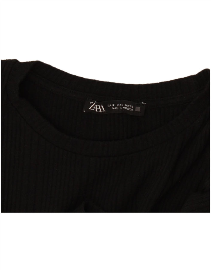 Zara Damen Crop Langarm Bluse Top UK 10 Small Schwarz