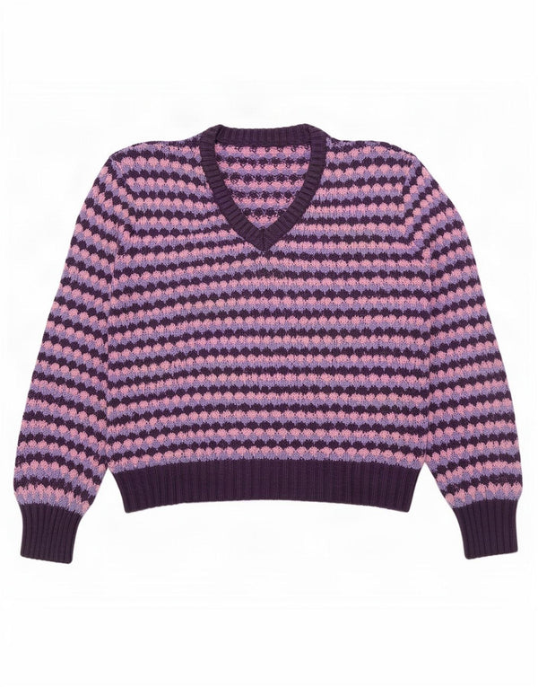 Vintage Damen V-Ausschnitt Pullover Pullover UK 16 Groß Lila Geometrisch