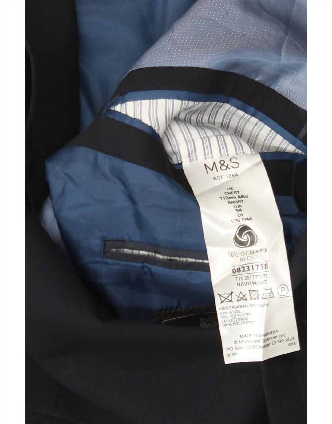 Marks & Spencer Herren-Blazer, kurz, mit 2 Knöpfen, UK 44, XL, Marineblau, Wolle