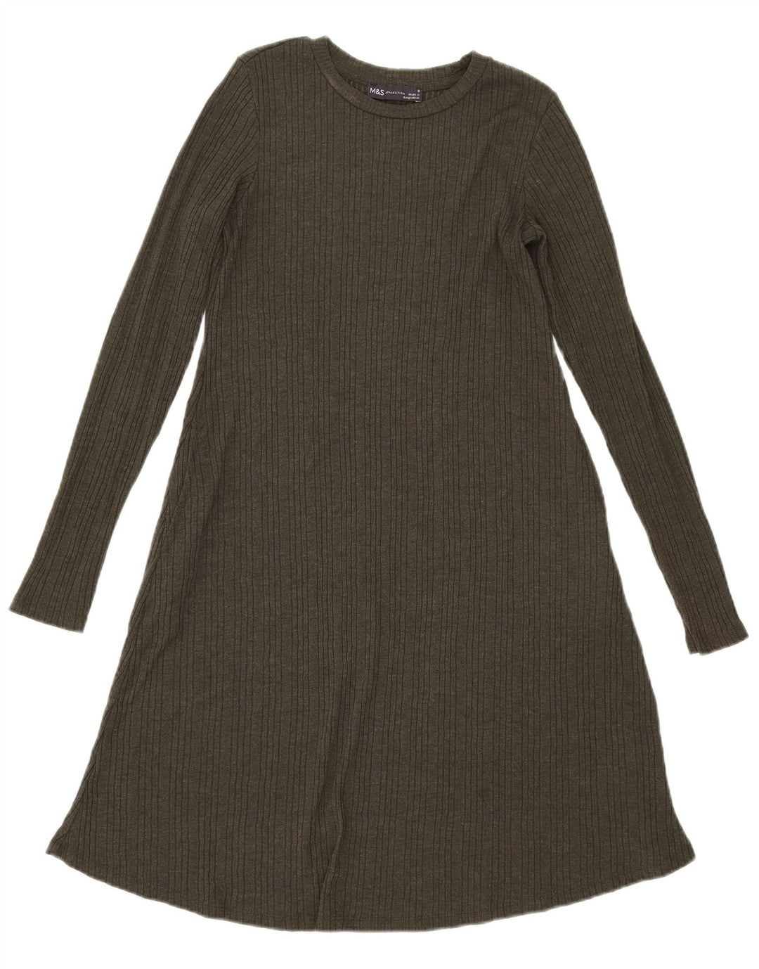Marks & Spencer Damen-Langarmkleid in A-Linie, Größe S, Khaki, Polyester