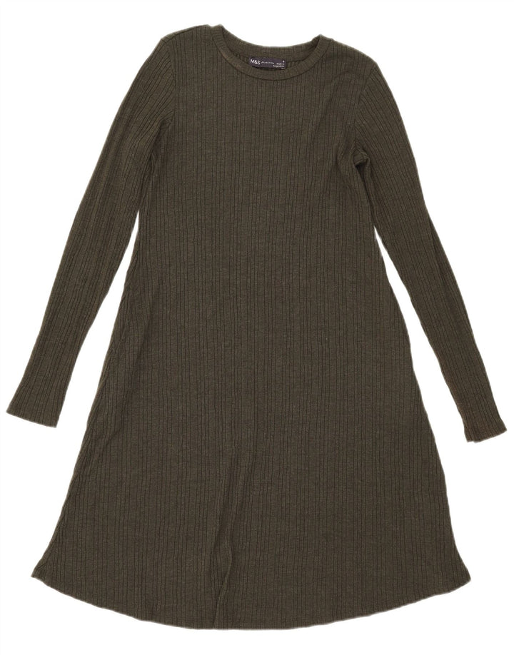 Marks & Spencer Damen-Langarmkleid in A-Linie, Größe S, Khaki, Polyester