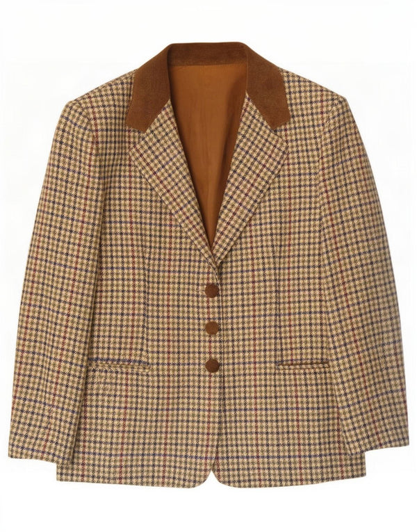 Vintage Damen 3-Knopf-Blazerjacke IT 44 Mittelgrüne Hahnentrittwolle
