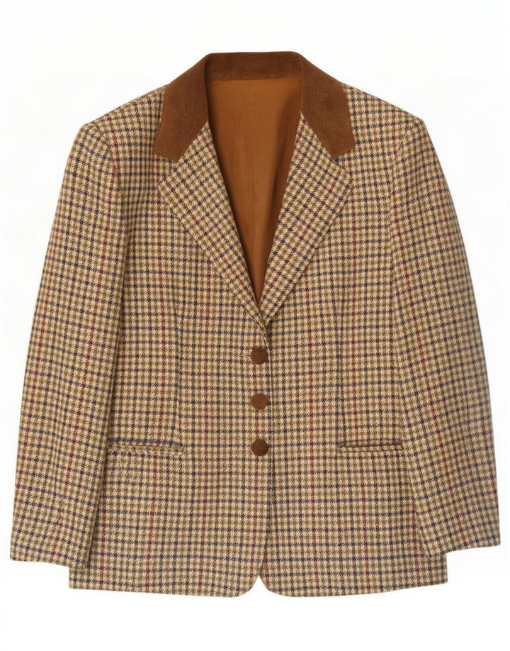 Vintage Damen 3-Knopf-Blazerjacke IT 44 Mittelgrüne Hahnentrittwolle