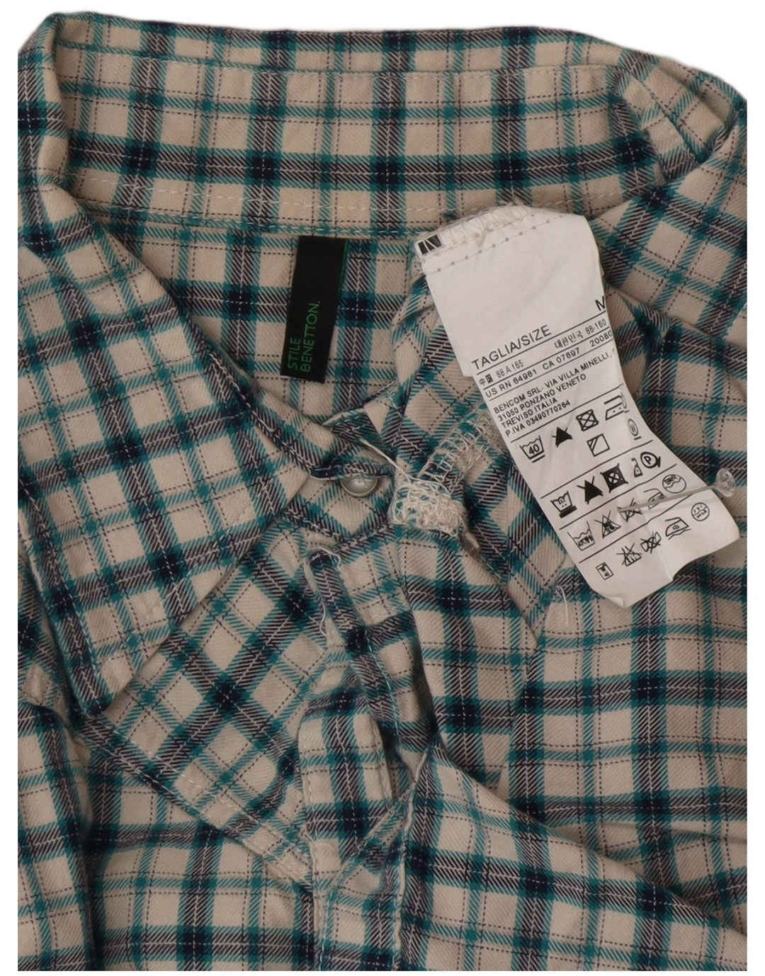 BENETTON Damen Flanellhemd UK 14 Mittelgrün karierte Baumwolle