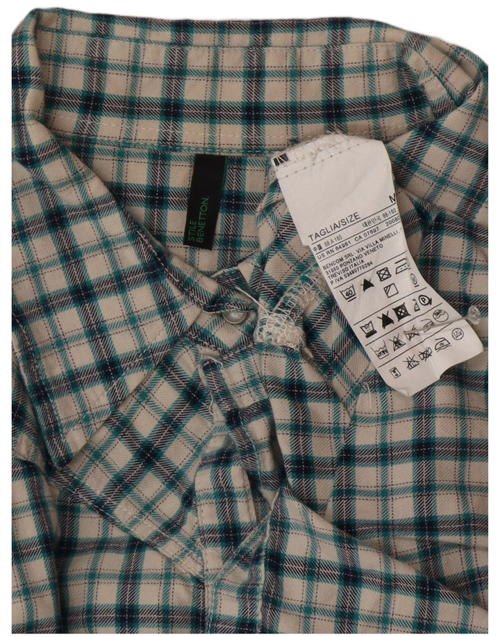 BENETTON Damen Flanellhemd UK 14 Mittelgrün karierte Baumwolle