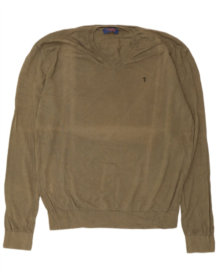 Trussardi Jeans Herren-Pullover mit V-Ausschnitt, Größe L, Khaki