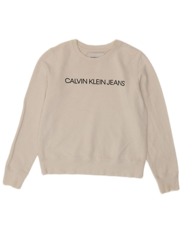 Calvin Klein Jeans Damen Graphic Crop Sweatshirt Pullover UK 10 Small Weiß