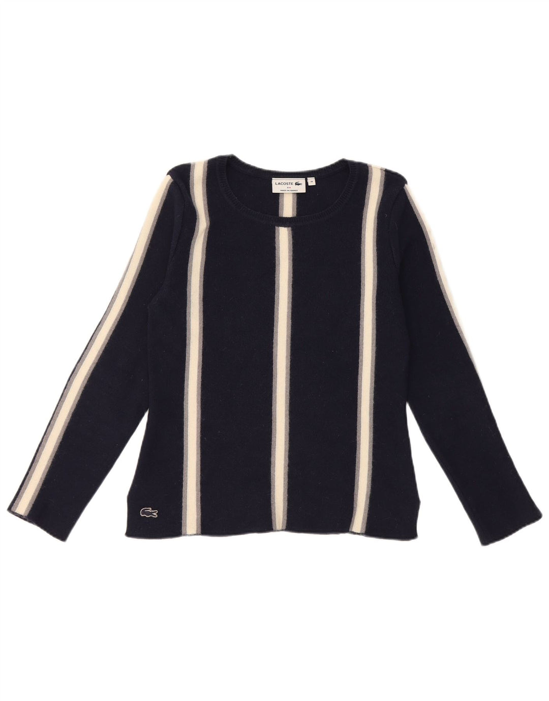 Lacoste Damen-Pullover mit U-Boot-Ausschnitt, Größe 38, mittelmarineblau gestreift