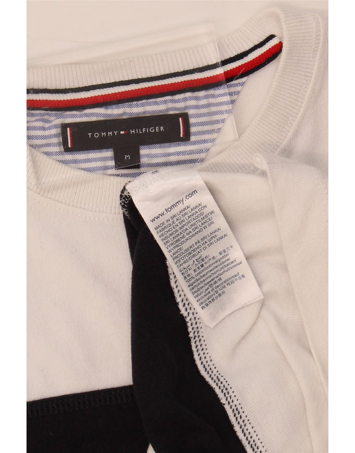 TOMMY HILFIGER Mens Crew Neck Jumper Sweater Medium White Striped Cotton Vintage Tommy Hilfiger and Second-Hand Tommy Hilfiger from Messina Hembry 