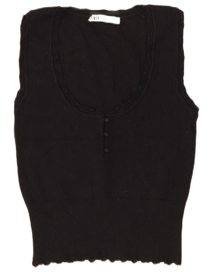 Zara Damen Crop Vest Tank Top UK 14 Große schwarze Viskose