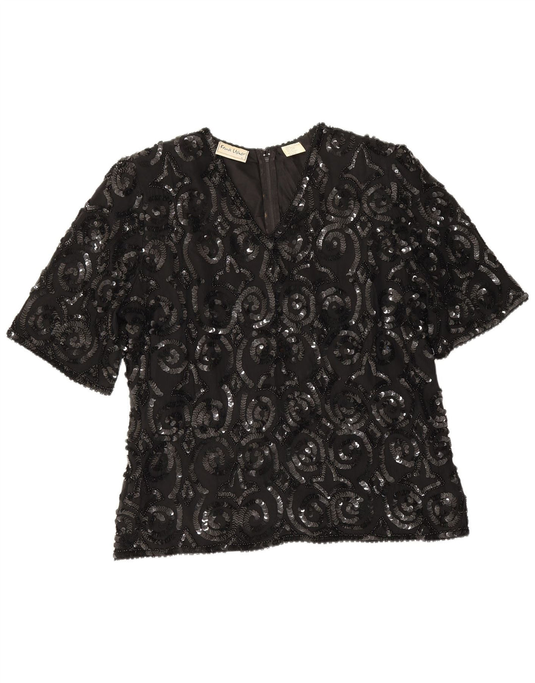 Frank Usher Damen Bluse Top UK 16 Große schwarze Seide