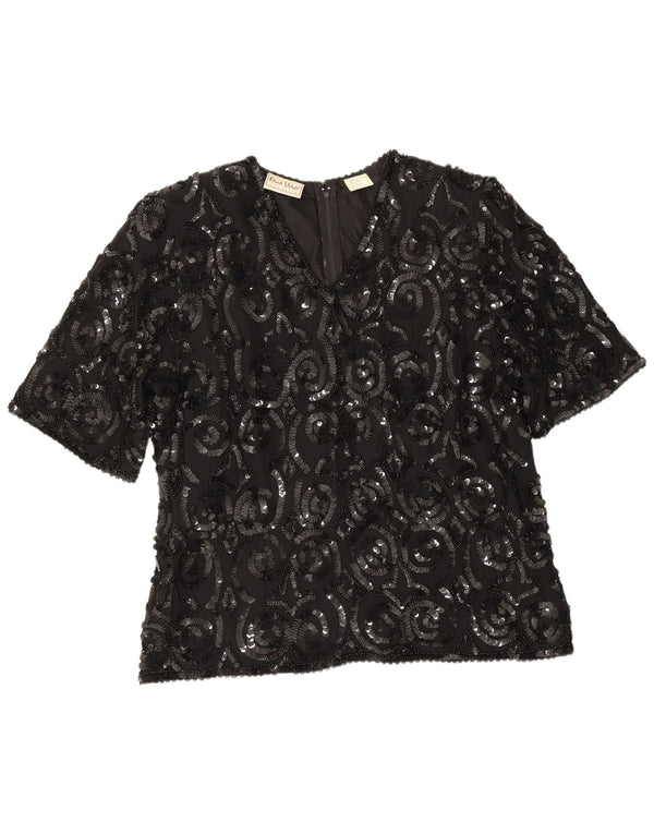 Frank Usher Damen Bluse Top UK 16 Große schwarze Seide