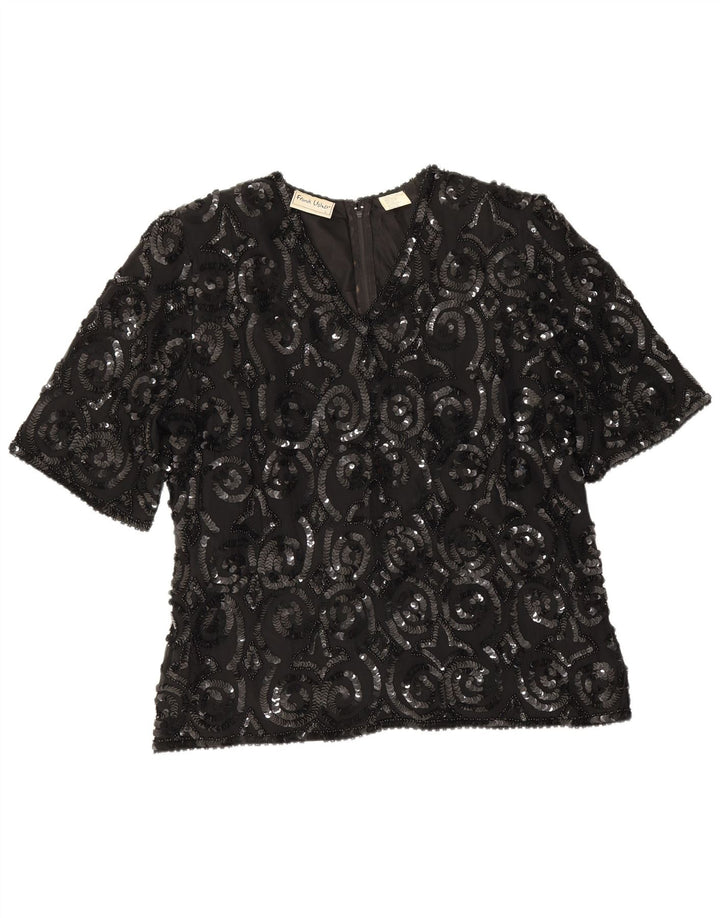 Frank Usher Damen Bluse Top UK 16 Große schwarze Seide