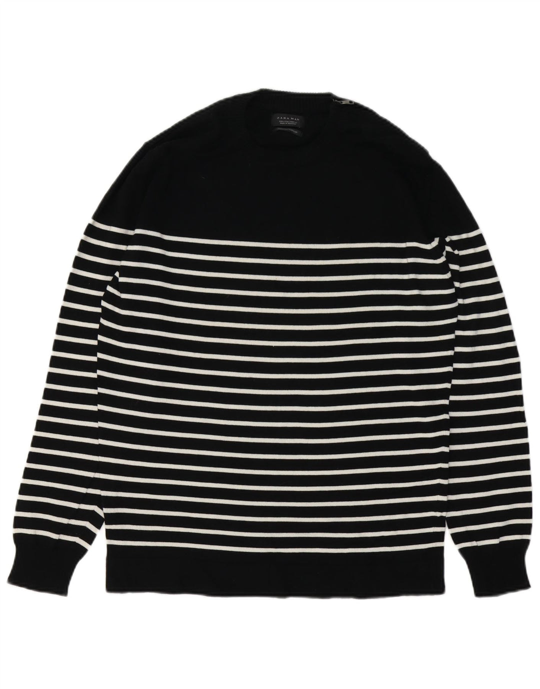 Zara Herren-Pullover mit Rundhalsausschnitt, groß, schwarz gestreift, Baumwolle