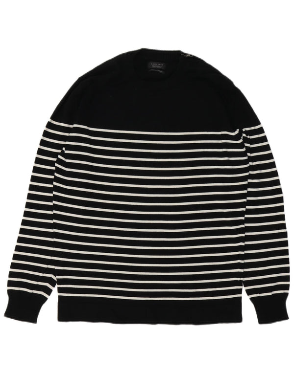 Zara Herren-Pullover mit Rundhalsausschnitt, groß, schwarz gestreift, Baumwolle