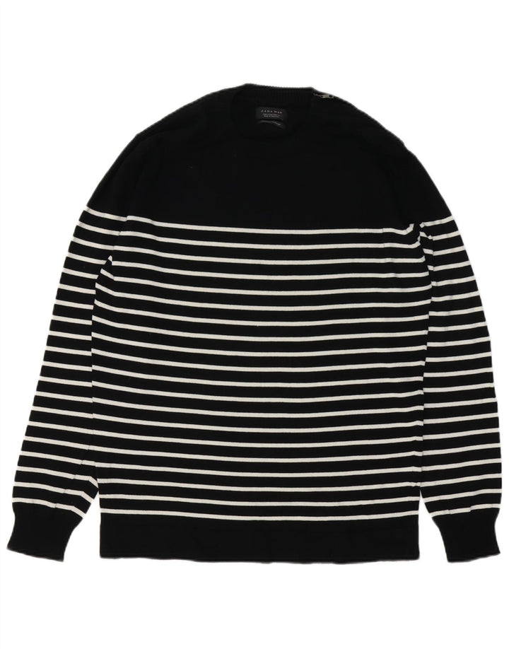 Zara Herren-Pullover mit Rundhalsausschnitt, groß, schwarz gestreift, Baumwolle
