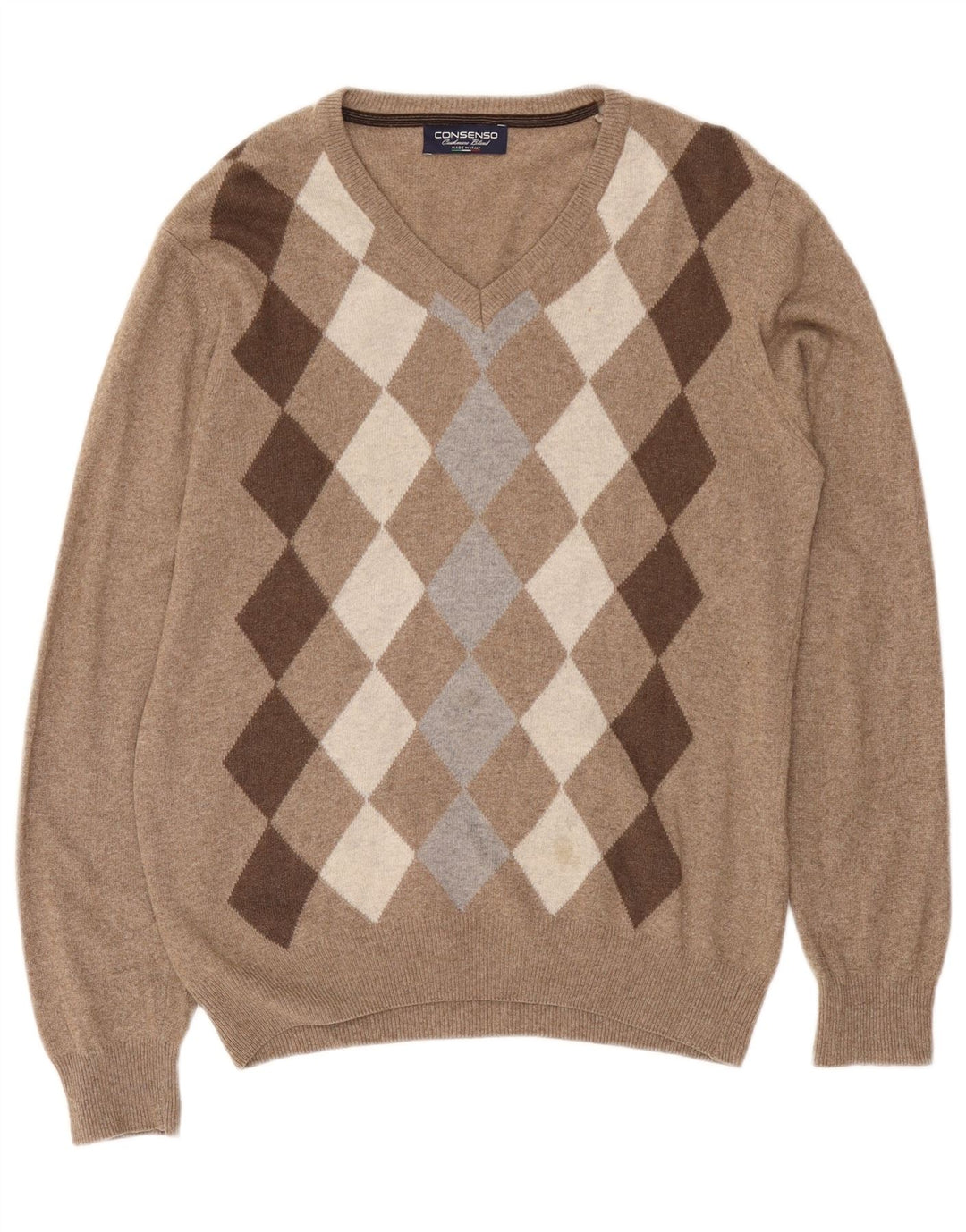 CONSENSO Herren-Pullover mit V-Ausschnitt, mittelbraune Argyle-/Diamantwolle