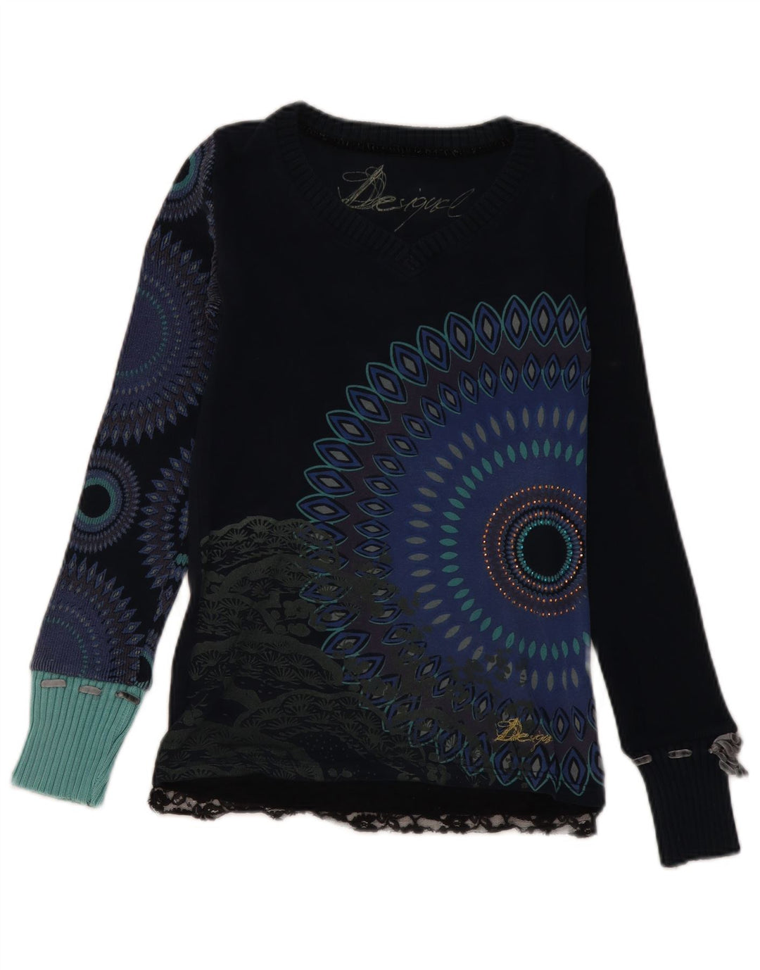 DESIGUAL Damen-Pullover mit grafischem V-Ausschnitt, Gr. 8, Marineblau mit Blumenmuster