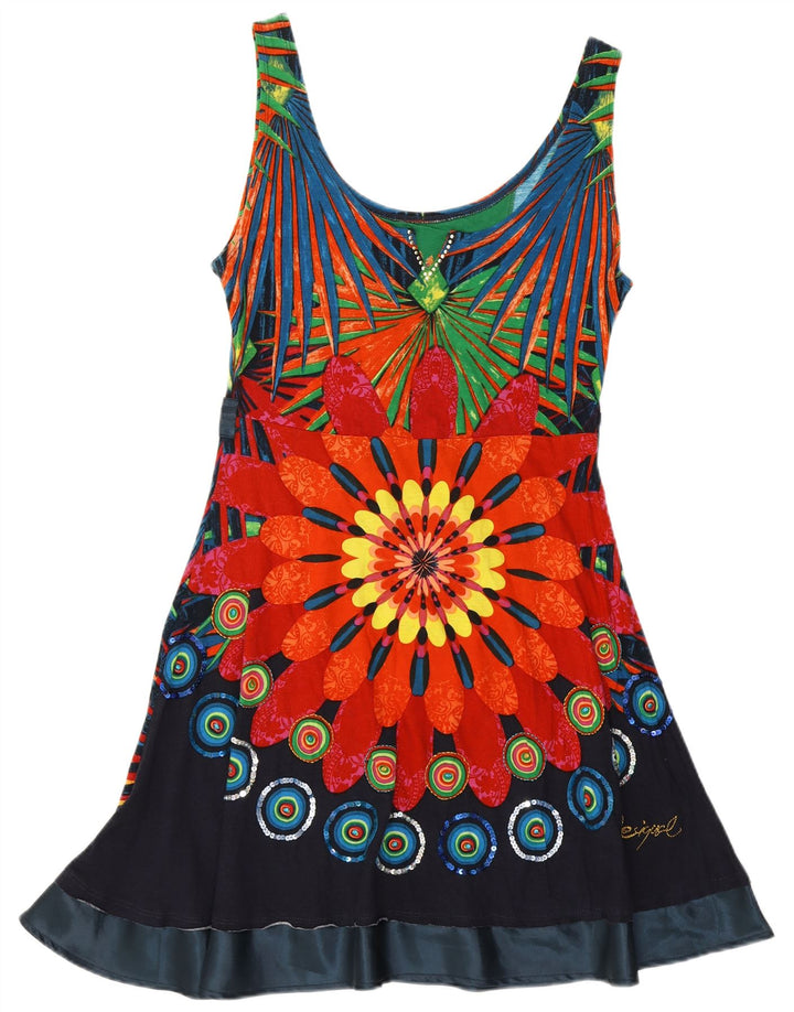 DESIGUAL Damen ärmelloses A-Linien-Kleid UK 14 Großes mehrfarbiges Blumenmuster