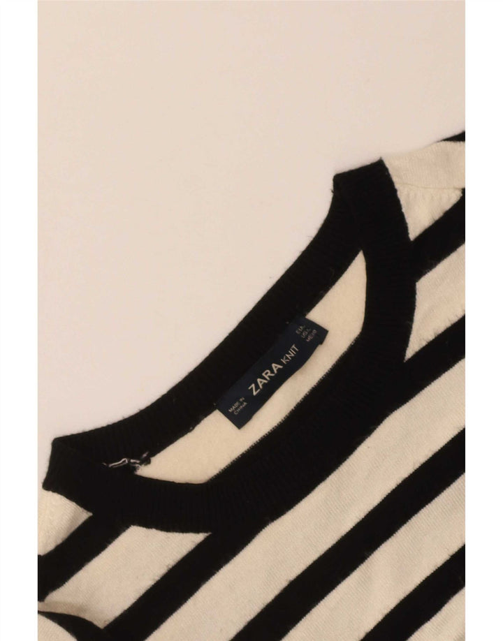 Zara Damen-Pullover mit Rundhalsausschnitt, Gr. 44, groß, weiß gestreift