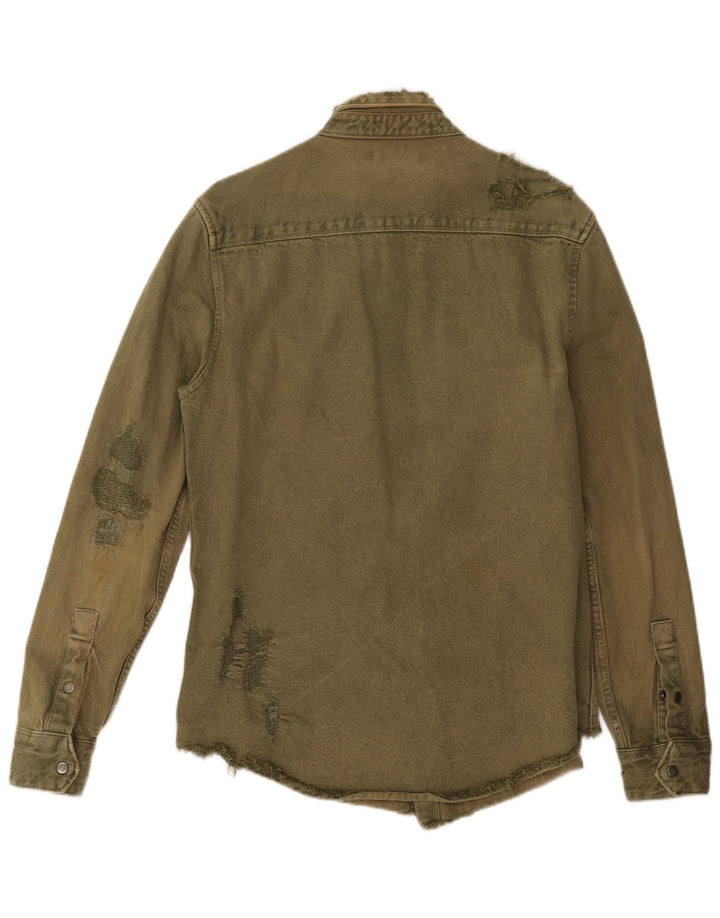 Zara Herren Distressed Relaxed Fit Denim-Hemd aus mittlerer Khaki-Baumwolle