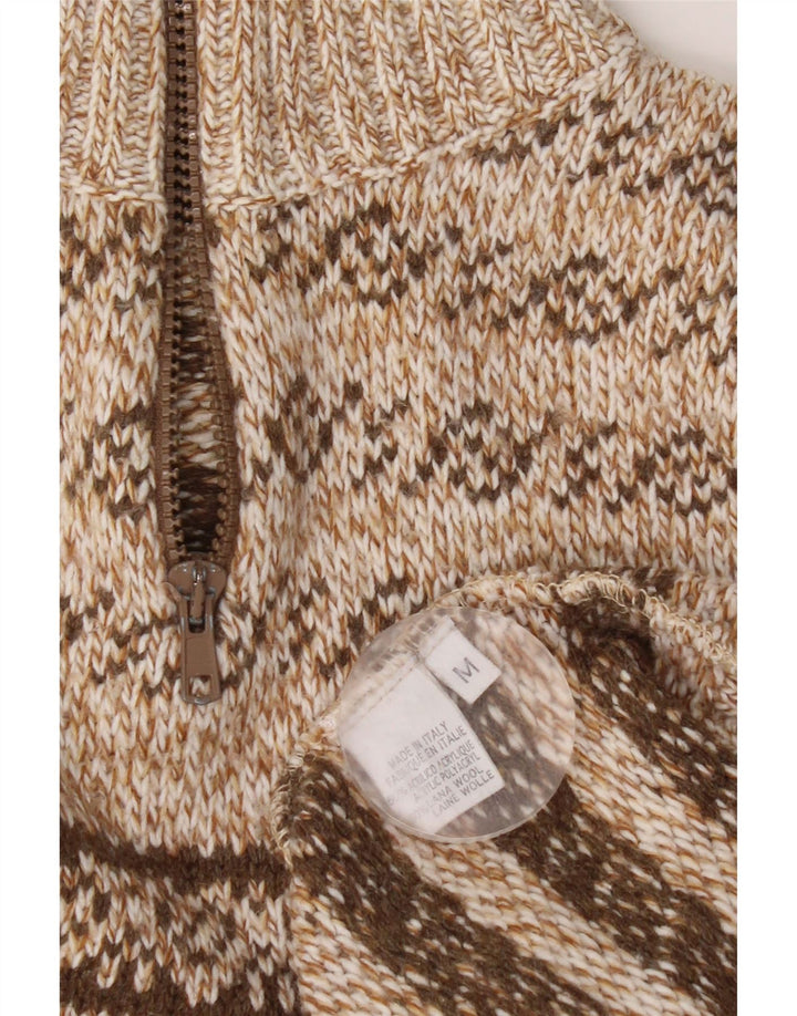Vintage Herren-Pullover mit Reißverschluss, mittelbraun, Fair-Isle-Acryl