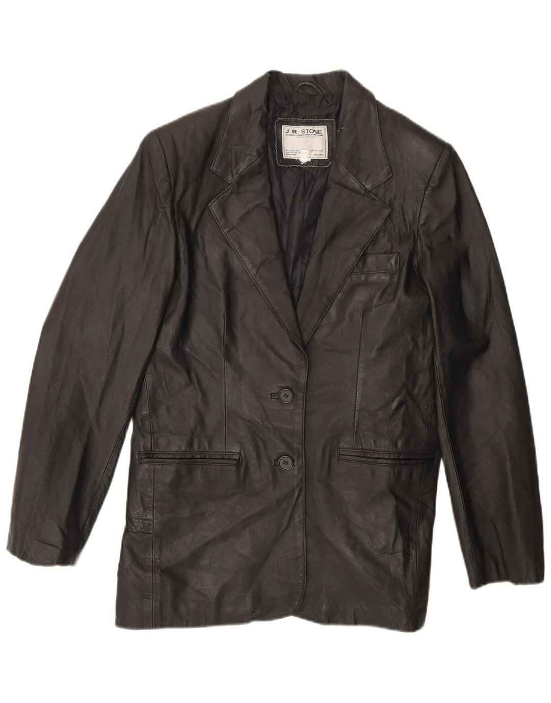 VINTAGE Damen 2-Knopf-Lederblazerjacke UK 14 Großes schwarzes Leder