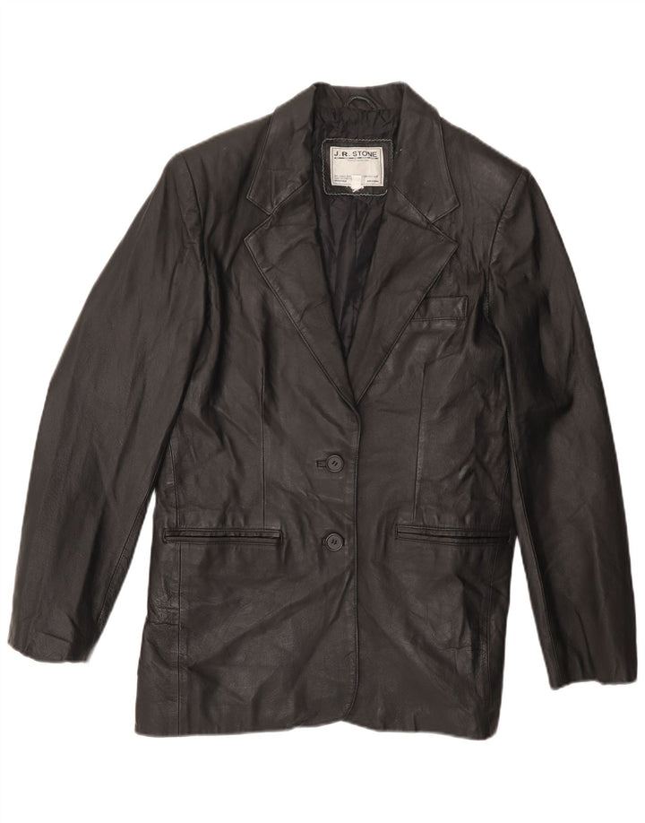 VINTAGE Damen 2-Knopf-Lederblazerjacke UK 14 Großes schwarzes Leder