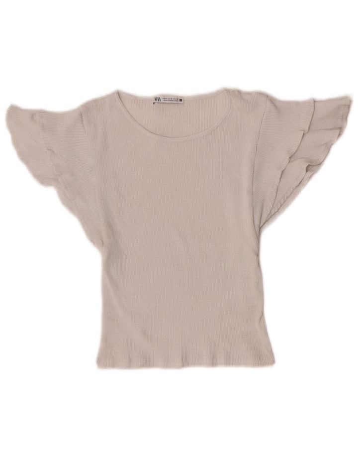 Zara Damen Crop Batwing Bluse Top UK 8 Small Weiße Baumwolle