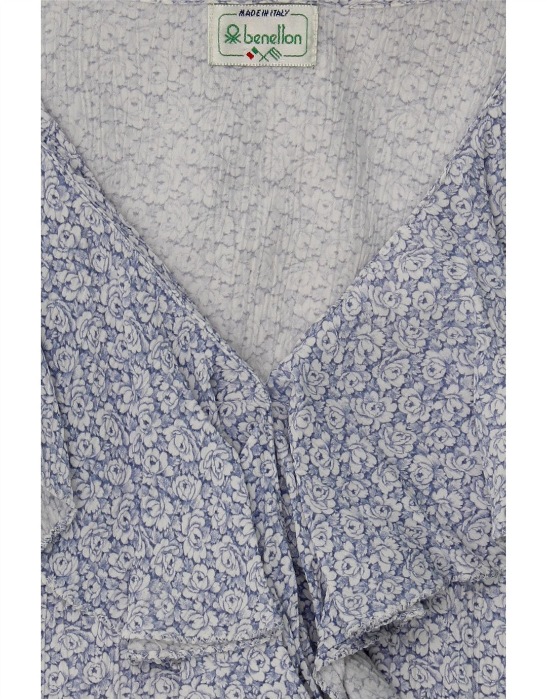 BENETTON Womens Ruffle Front Shirt Blouse UK 10 Small Blue Floral Vintage Benetton and Second-Hand Benetton from Messina Hembry 