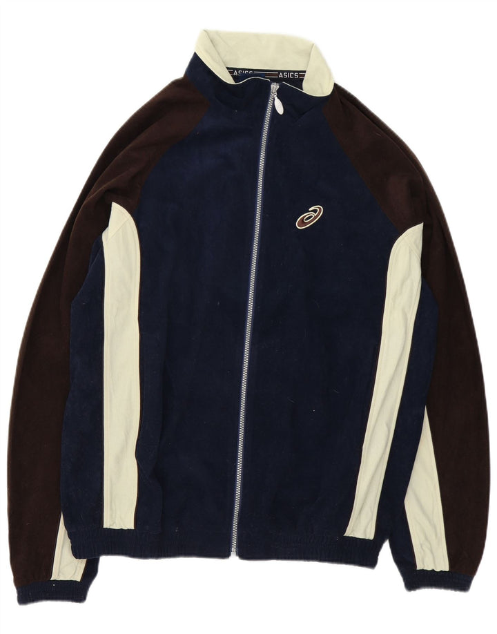 Asics Herren-Trainingsanzug-Oberteil aus Velours, Größe L, Marineblau, Farbblock